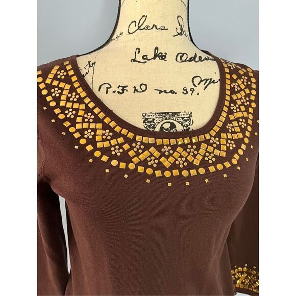 Cable & Gauge Women's Small Brown Gold Embellishment Silk Blend Tunic Top Blouse - Picture 2 of 8